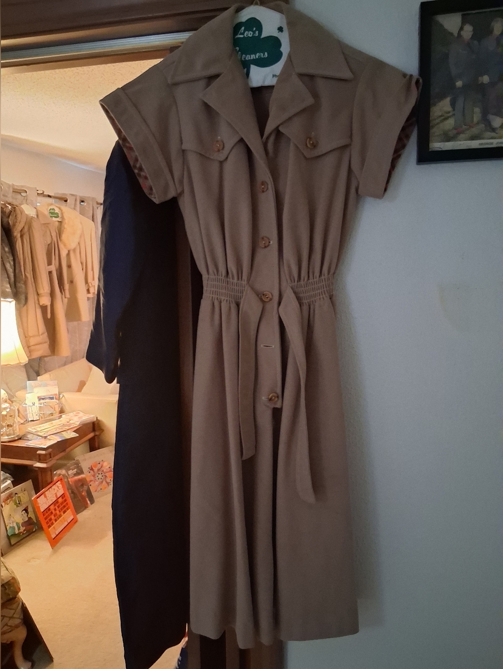 Tan Short-Sleeve Midi Shirt Dress with Self Tie Belt